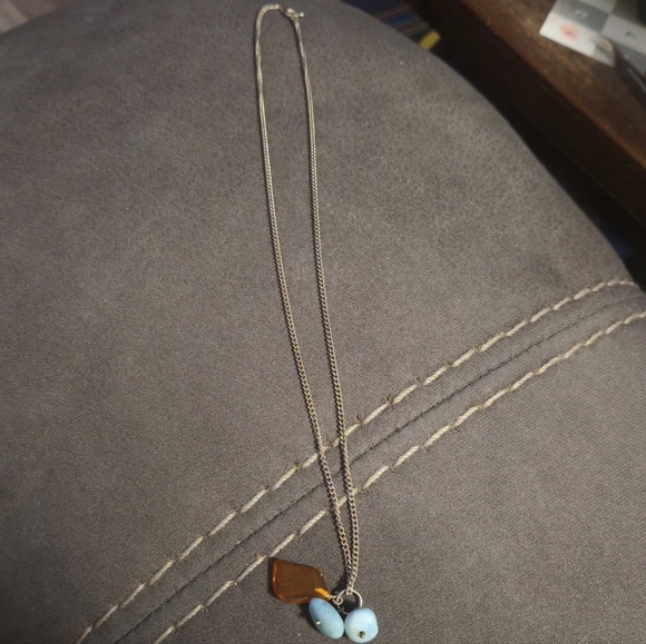 Sterling Silver Larimar & Raw Amber Pendant Necklace, Italian 925 Chain - Picture 2 of 6